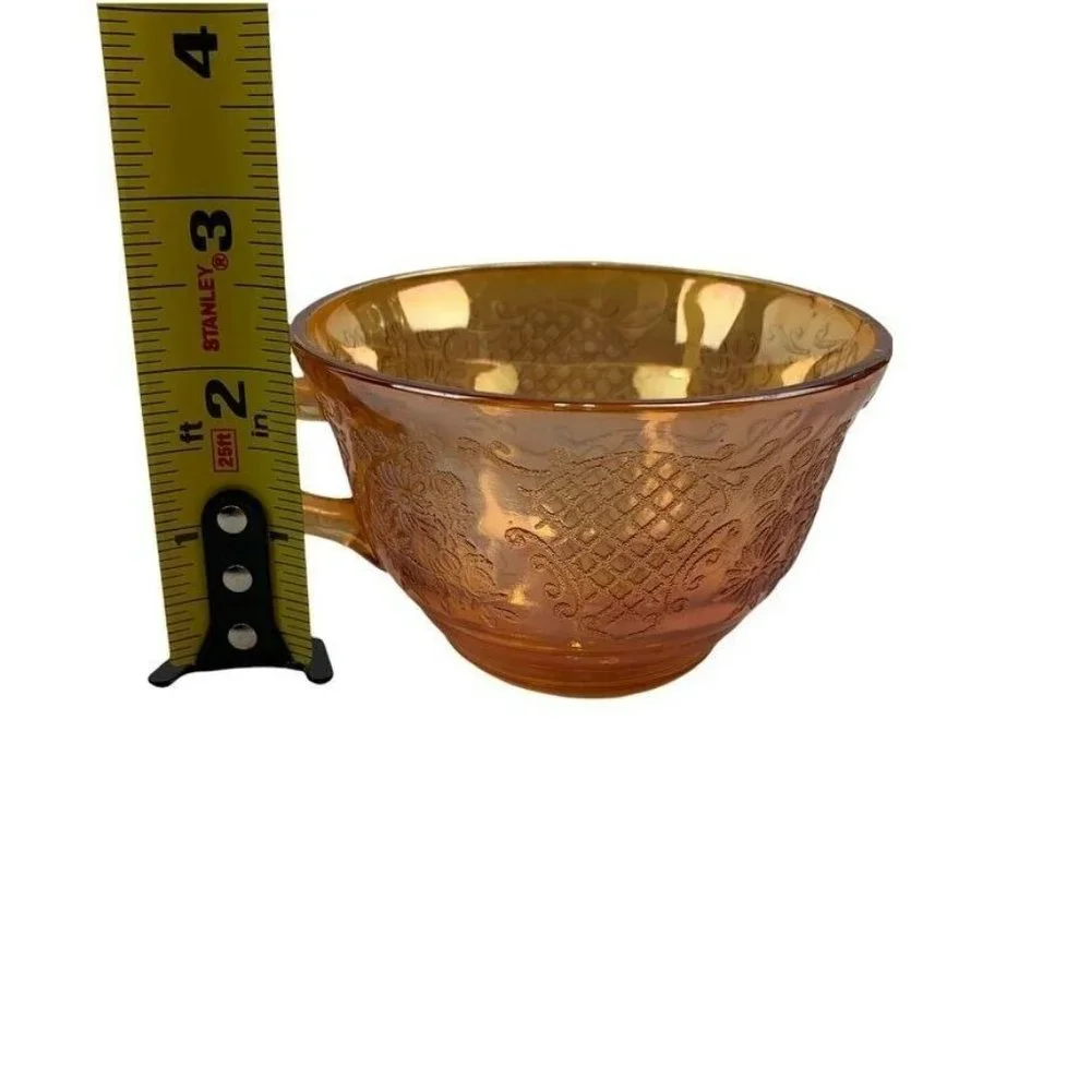 Vintage Iridescent Orange Pressed Glass Teacups Set of 4 Floral 7 oz Cottagecore